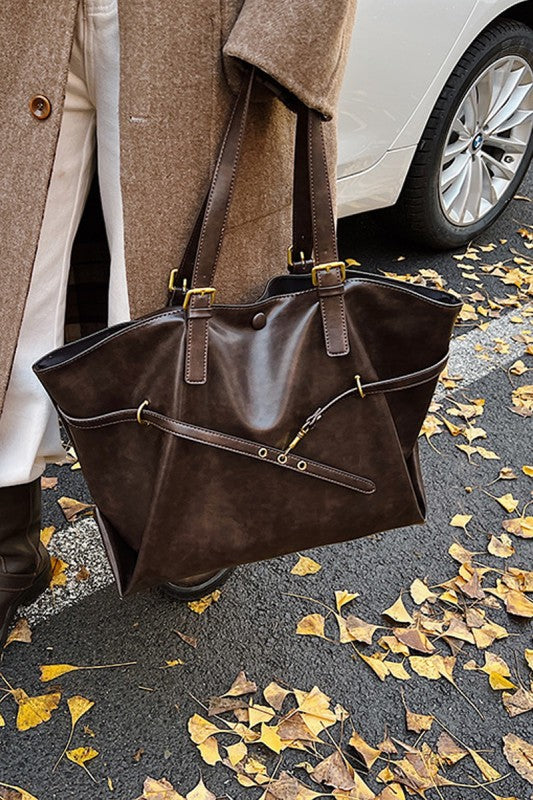VIVICA VINTAGE DISTRESSED BUCKLED TOTE BAG IN CHOCOLATE BROWN-BAG-MODE-Couture-Boutique-Womens-Clothing