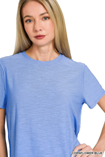 EASILY ENTERTAINED SLUB TEE IN CORNFLOWER BLUE-Shirts & Tops-MODE-Couture-Boutique-Womens-Clothing