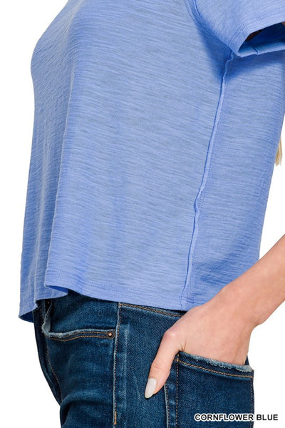 EASILY ENTERTAINED SLUB TEE IN CORNFLOWER BLUE-Shirts & Tops-MODE-Couture-Boutique-Womens-Clothing