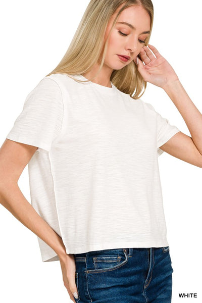 EASILY ENTERTAINED SLUB TEE IN WHITE-Shirts & Tops-MODE-Couture-Boutique-Womens-Clothing