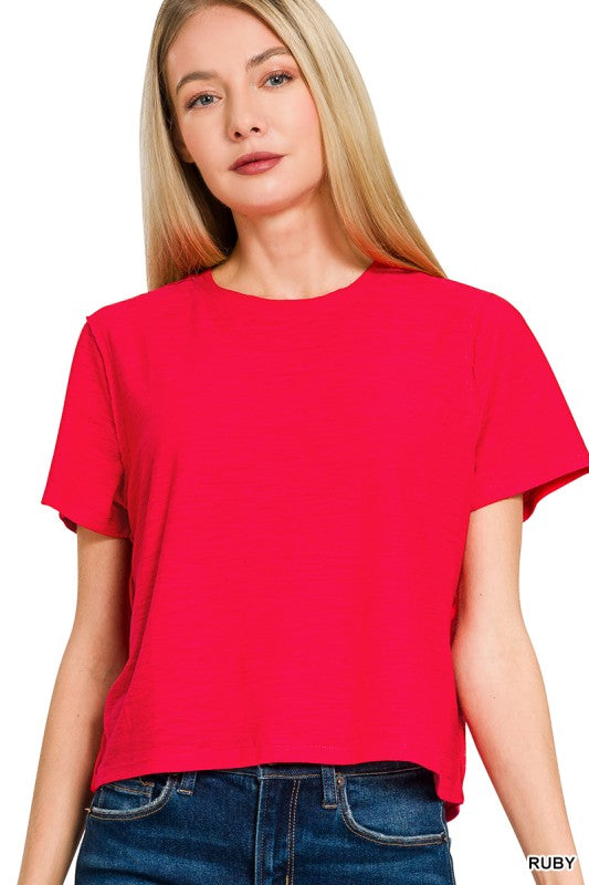 EASILY ENTERTAINED SLUB TEE IN RUBY-Shirts & Tops-MODE-Couture-Boutique-Womens-Clothing