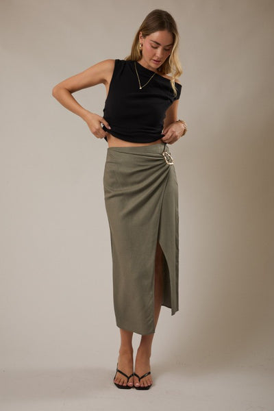 OASIS DRIVE WRAP MIDI SKIRT IN OLIVE-SKIRTS-MODE-Couture-Boutique-Womens-Clothing