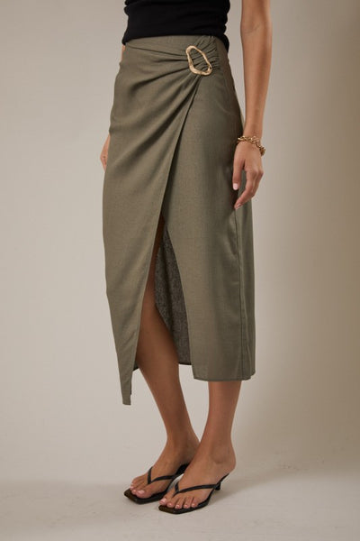 OASIS DRIVE WRAP MIDI SKIRT IN OLIVE-SKIRTS-MODE-Couture-Boutique-Womens-Clothing