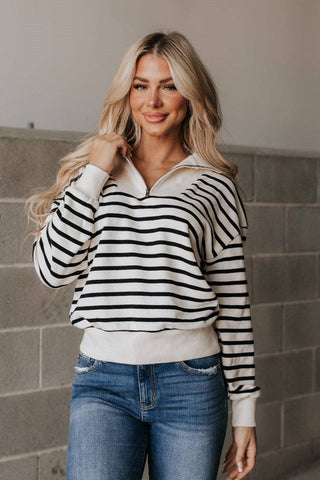 RISK TAKER 1/4 ZIP STRIPED SWEATER IN CREAM & BLACK-pullover sweatshirt-MODE-Couture-Boutique-Womens-Clothing
