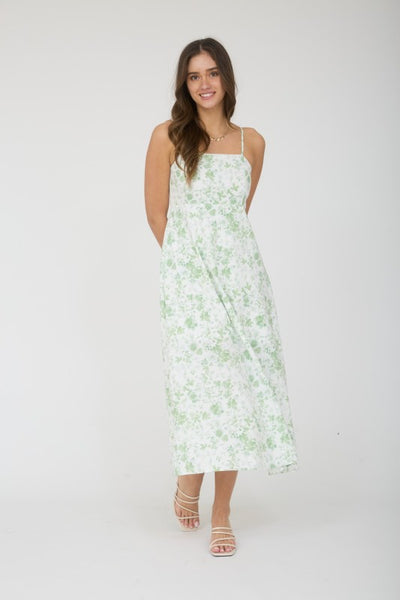MEADOW WATERCOLOR FLORAL DRESS IN OFF-WHITE/GREEN COMBO-DRESS-MODE-Couture-Boutique-Womens-Clothing