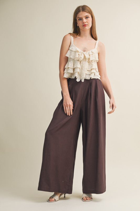 KIRA PLEATED FRONT HIGH WAIST PALAZZO TROUSERS IN ESPRESSO-Palazzo Pants-MODE-Couture-Boutique-Womens-Clothing