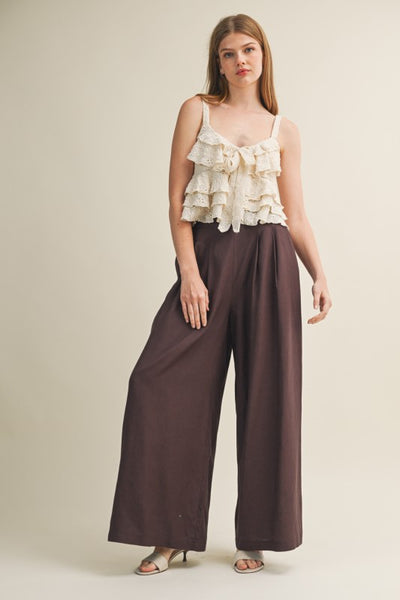 KIRA PLEATED FRONT HIGH WAIST PALAZZO TROUSERS IN ESPRESSO-Palazzo Pants-MODE-Couture-Boutique-Womens-Clothing