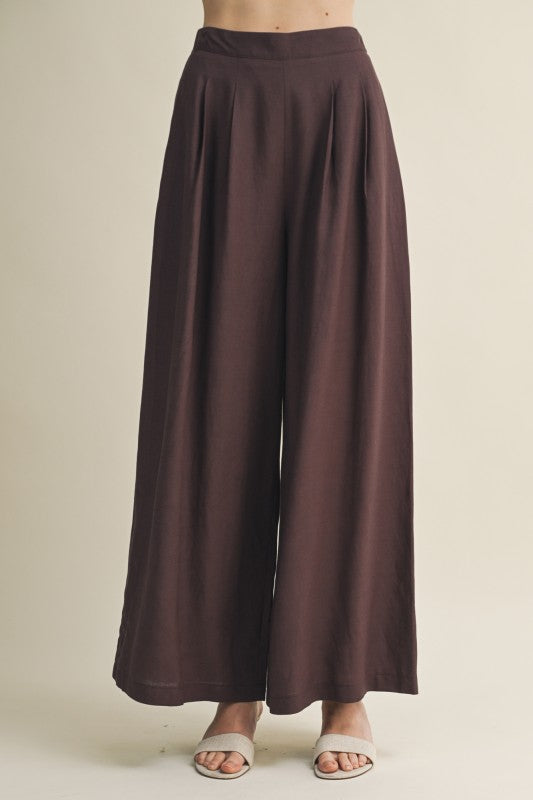 KIRA PLEATED FRONT HIGH WAIST PALAZZO TROUSERS IN ESPRESSO-Palazzo Pants-MODE-Couture-Boutique-Womens-Clothing