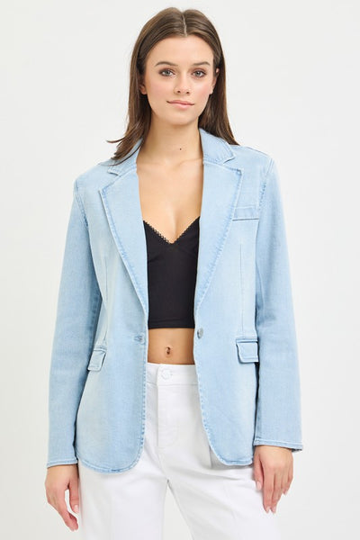KARINA TAILORED DENIM BLAZER IN LIGHT WASH-BLAZERS-MODE-Couture-Boutique-Womens-Clothing