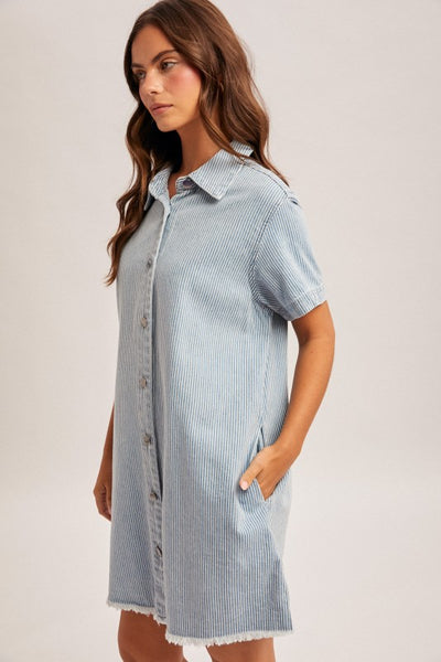 BELLE STRIPED BUTTON DOWN MINI SHIRT DRESS IN LIGHT DENIM-Graphic Sweatshirt-MODE-Couture-Boutique-Womens-Clothing