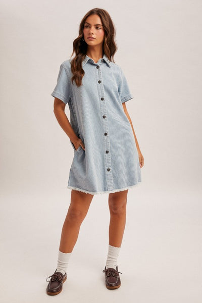 BELLE STRIPED BUTTON DOWN MINI SHIRT DRESS IN LIGHT DENIM-Graphic Sweatshirt-MODE-Couture-Boutique-Womens-Clothing
