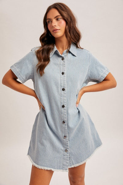 BELLE STRIPED BUTTON DOWN MINI SHIRT DRESS IN LIGHT DENIM-Graphic Sweatshirt-MODE-Couture-Boutique-Womens-Clothing