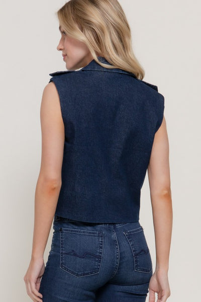 KEEP CURRENT LAPEL COLLAR DENIM VEST IN INDIGO-MODE-Couture-Boutique-Womens-Clothing