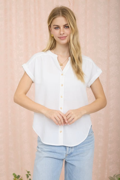 SOFT FOCUS BUTTON DOWN TOP IN WHITE-Shirts & Tops-MODE-Couture-Boutique-Womens-Clothing