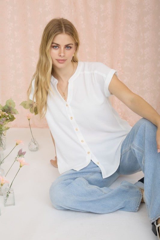 SOFT FOCUS BUTTON DOWN TOP IN WHITE-Shirts & Tops-MODE-Couture-Boutique-Womens-Clothing