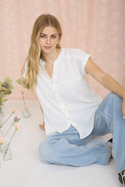SOFT FOCUS BUTTON DOWN TOP IN WHITE-Shirts & Tops-MODE-Couture-Boutique-Womens-Clothing