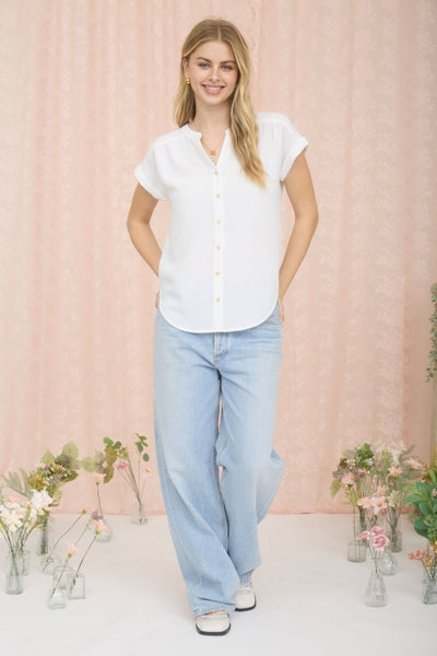 SOFT FOCUS BUTTON DOWN TOP IN WHITE-Shirts & Tops-MODE-Couture-Boutique-Womens-Clothing