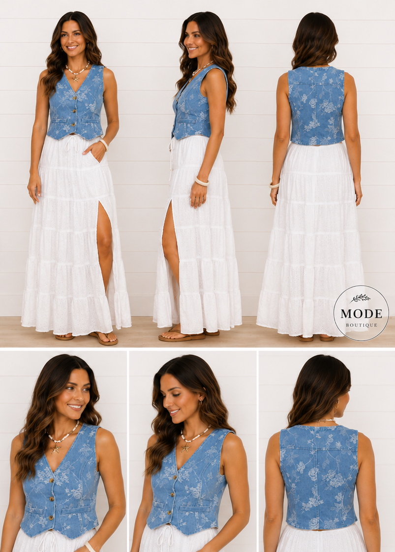 SUNSET SWAY BUTTON DOWN FLORAL JACQUARD VEST IN DENIM