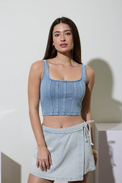 COUNTRY NIGHTS CORSET CROP TOP IN DENIM-Shirts & Tops-MODE-Couture-Boutique-Womens-Clothing