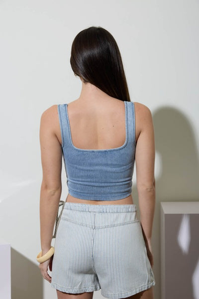 COUNTRY NIGHTS CORSET CROP TOP IN DENIM-Shirts & Tops-MODE-Couture-Boutique-Womens-Clothing