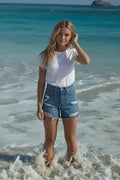 KIMMIE HIGH RISE HYBRID MIDI DENIM SHORTS IN MEDIUM STONE-SHORTS-MODE-Couture-Boutique-Womens-Clothing