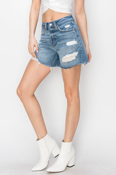 KIMMIE HIGH RISE HYBRID MIDI DENIM SHORTS IN MEDIUM STONE-SHORTS-MODE-Couture-Boutique-Womens-Clothing