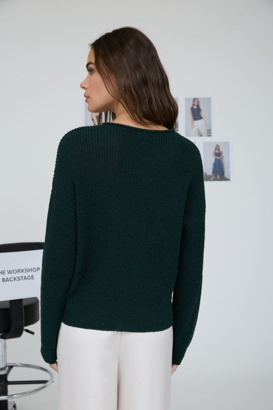 TIS THE SEASON POINTELLE V-STITCH KNIT SWEATER IN FOREST GREEN-Sweaters-MODE-Couture-Boutique-Womens-Clothing