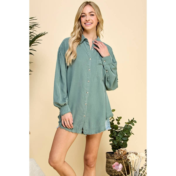 JESSICA OVERSIZE FRAYED HEM BALLOON SLEEVE SHIRT IN SAGE-Shirts & Tops-MODE-Couture-Boutique-Womens-Clothing