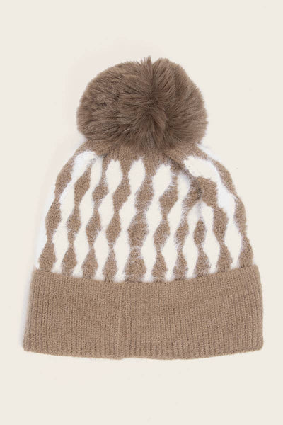 ABSTRACT DIAMOND STRIPE KNIT POM POM BEANIE (MULTI)-beanie hat-MODE-Couture-Boutique-Womens-Clothing