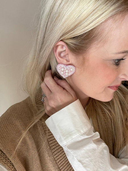 Pearl & Pink Heart Studs-EARRINGS-MODE-Couture-Boutique-Womens-Clothing