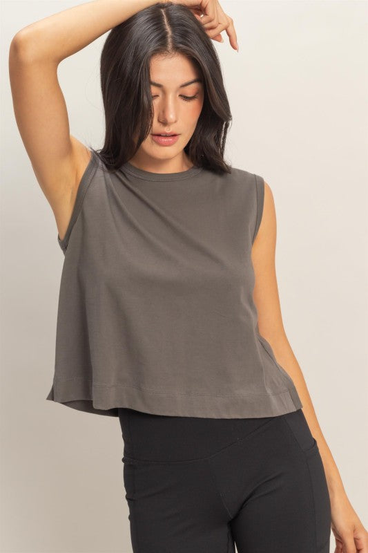 IN ANOTHER WORLD SLEEVELESS BACK PLEATS CREW NECK TOP IN CHARCOAL-Tops-MODE-Couture-Boutique-Womens-Clothing