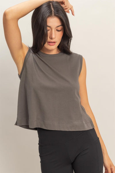 IN ANOTHER WORLD SLEEVELESS BACK PLEATS CREW NECK TOP IN CHARCOAL-Tops-MODE-Couture-Boutique-Womens-Clothing