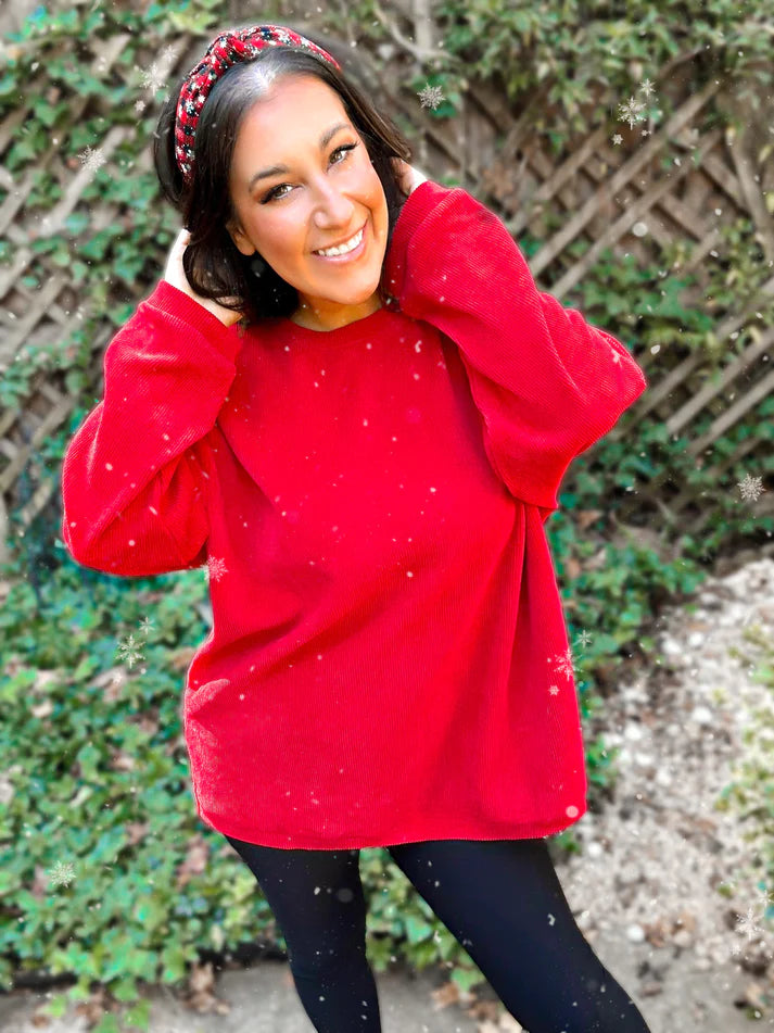 FOLLOW YOUR HEART SIDE SLIT CORDED PULLOVER IN CHERRY RED-Sweatshirt-MODE-Couture-Boutique-Womens-Clothing