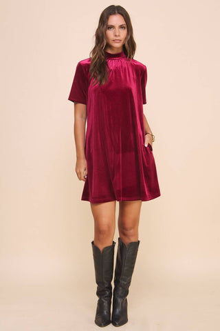 NATALIE MOCK NECK VELVET DRESS IN BURGUNDY-MODE-Couture-Boutique-Womens-Clothing