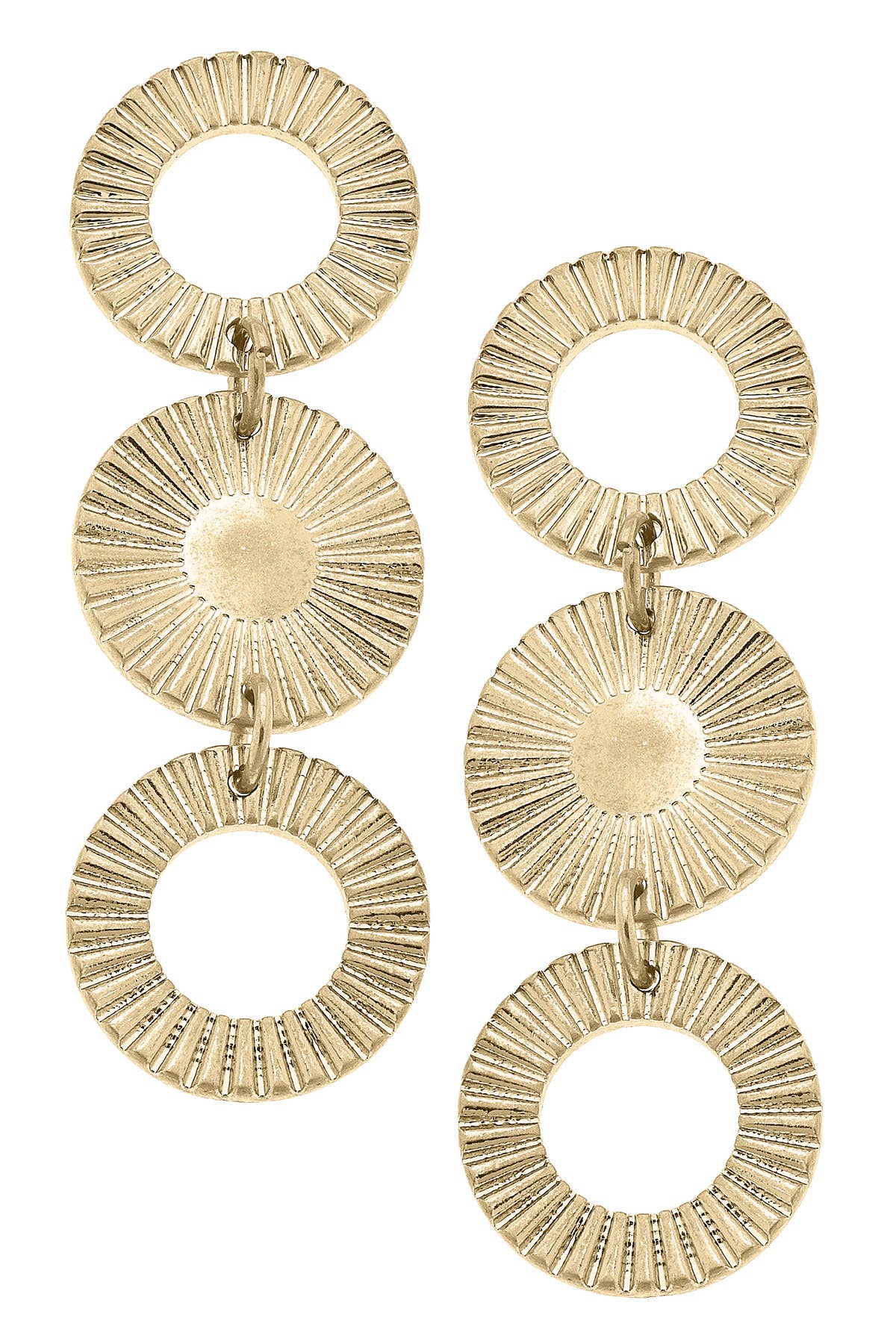 Sienna Fluted Metal Triple Disc Earrings in Worn Gold-MODE-Couture-Boutique-Womens-Clothing