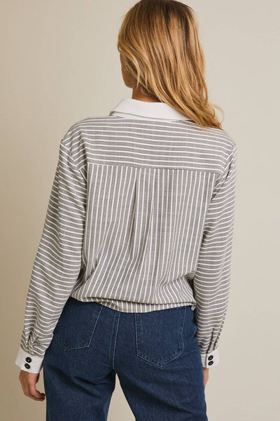 MARLOWE STRIPE TIE-FRONT TOP IN WHITE/BLACK-Tops-MODE-Couture-Boutique-Womens-Clothing