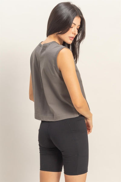 IN ANOTHER WORLD SLEEVELESS BACK PLEATS CREW NECK TOP IN CHARCOAL-Tops-MODE-Couture-Boutique-Womens-Clothing