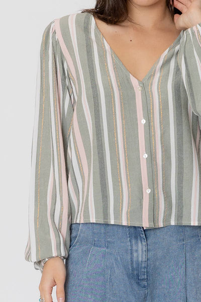 MARIBEL STRIPED BUTTON DOWN BLOUSE IN SAGE-Blouse-MODE-Couture-Boutique-Womens-Clothing