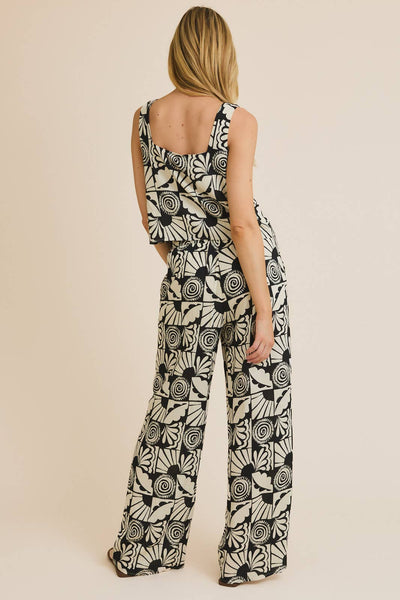 CICI SQUARE NECK TOP AND ELASTIC WAIST TIE ABSTRACT PRINT PANTS IN IVORY/BLACK-MATCHING SET-MODE-Couture-Boutique-Womens-Clothing