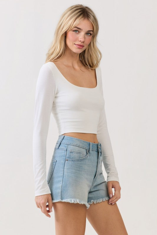 CICI DOUBLE LAYER LONG SLEEVE CROP TOP IN WHITE-Shirts & Tops-MODE-Couture-Boutique-Womens-Clothing