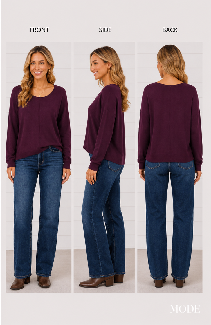 CAMILLA ROUND NECK SOFTEST FRONT SEAM SWEATER IN PLUM-Sweaters-MODE-Couture-Boutique-Womens-Clothing