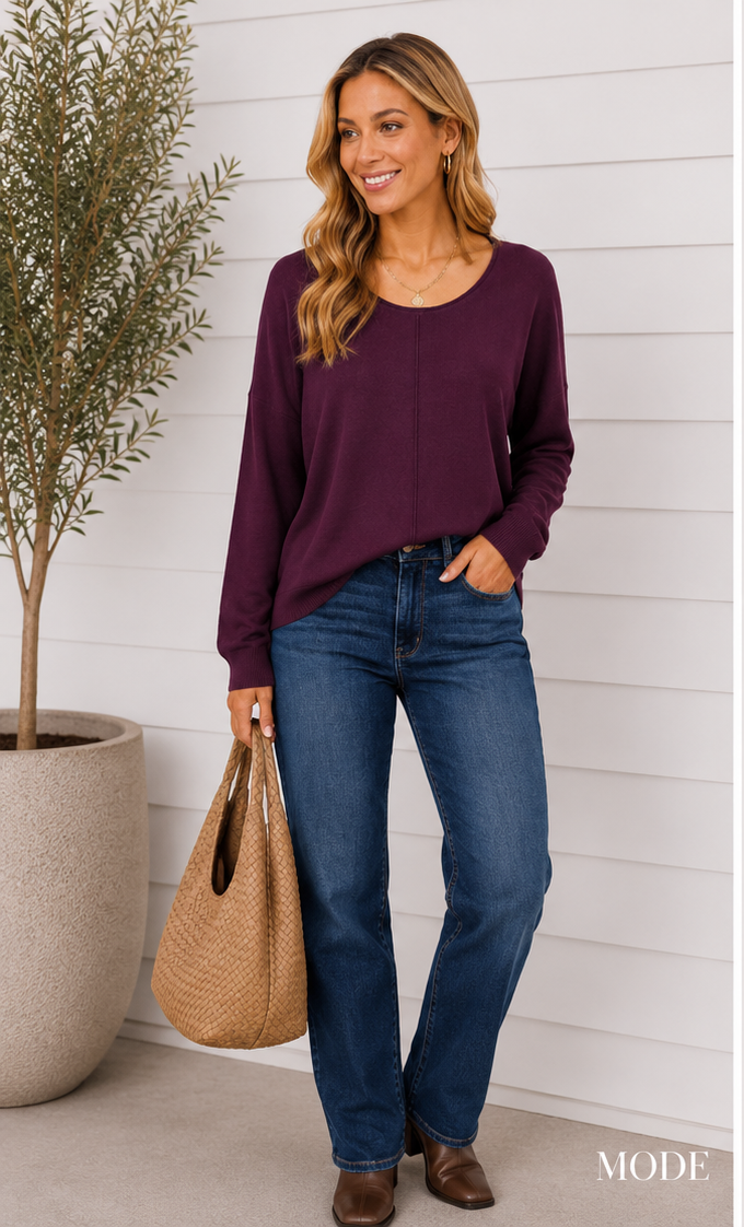 CAMILLA ROUND NECK SOFTEST FRONT SEAM SWEATER IN PLUM-Sweaters-MODE-Couture-Boutique-Womens-Clothing