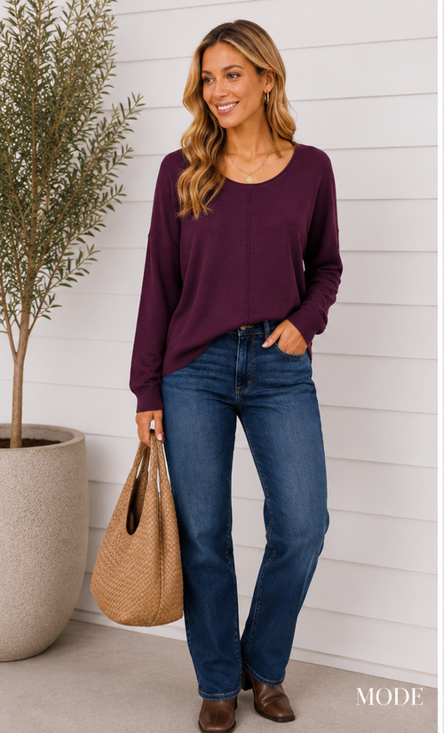 CAMILLA ROUND NECK SOFTEST FRONT SEAM SWEATER IN PLUM-Sweaters-MODE-Couture-Boutique-Womens-Clothing