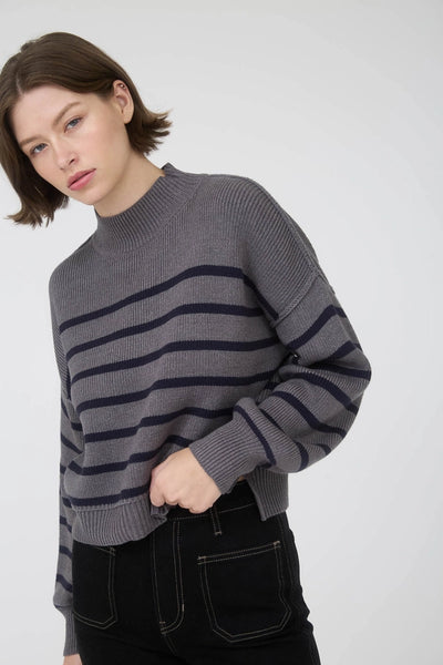 CITY STRIPE MOCK NECK SWEATER IN CHARCOAL-Sweaters-MODE-Couture-Boutique-Womens-Clothing
