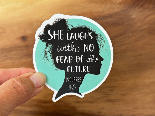 She Laughs With No Fear of the Future | Christian Sticker-MODE-Couture-Boutique-Womens-Clothing