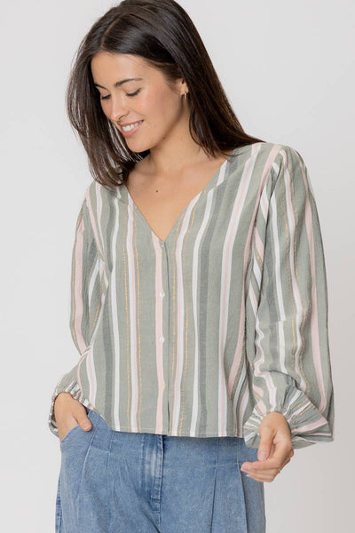 MARIBEL STRIPED BUTTON DOWN BLOUSE IN SAGE-Blouse-MODE-Couture-Boutique-Womens-Clothing