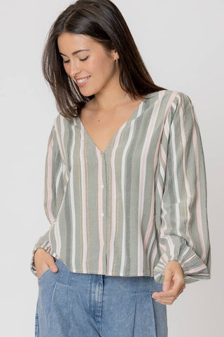 MARIBEL STRIPED BUTTON DOWN BLOUSE IN SAGE-Blouse-MODE-Couture-Boutique-Womens-Clothing
