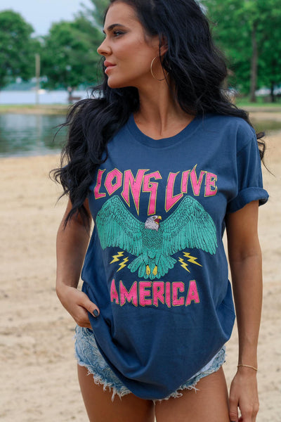 LONG LIVE AMERICA GRAPHIC TEE IN NAVY BLUE-GRAPHIC TEE-MODE-Couture-Boutique-Womens-Clothing