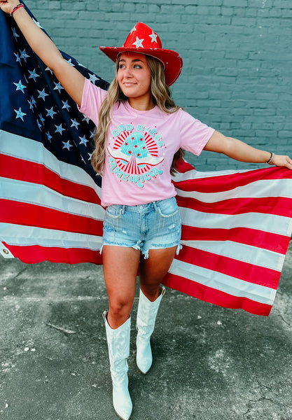 GOD BLESS AMERICA GRAPHIC TEE IN BUBBLEGUM PINK-GRAPHIC TEE-MODE-Couture-Boutique-Womens-Clothing