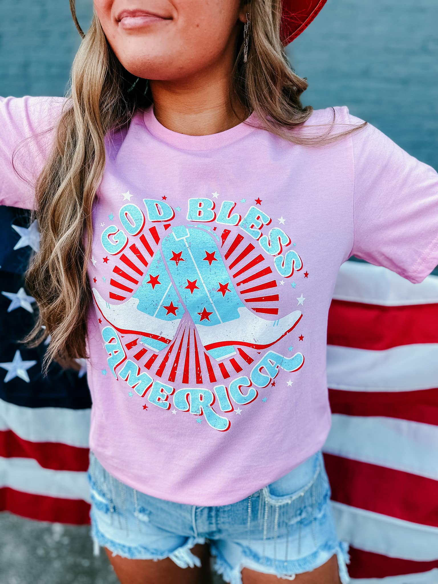 GOD BLESS AMERICA GRAPHIC TEE IN BUBBLEGUM PINK-GRAPHIC TEE-MODE-Couture-Boutique-Womens-Clothing